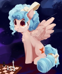 Size: 1721x2047 | Tagged: safe, artist:some_ponu, cozy glow, pegasus, pony, g4, abstract background, bow, checkmate, chess, chess piece, chessboard, drool, drool string, female, filly, foal, hair bow, snot bubble, solo, space, spread wings, thousand yard stare, wings