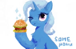 Size: 936x612 | Tagged: safe, artist:some_ponu, trixie, pony, unicorn, g4, burger, female, food, hoof hold, looking at you, mare, one eye closed, simple background, smiling, solo, sparkles, white background, wink, winking at you