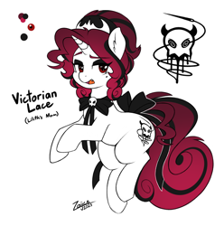 Size: 1896x1908 | Tagged: safe, artist:zajice, oc, oc only, oc:victorian lace, pony, succubus, succubus pony, unicorn, beauty mark, bow, cute, cute little fangs, cutie mark, eyeshadow, fangs, female, horn, makeup, mare, neckerchief, open mouth, reference sheet, simple background, solo, succubus oc, tail, tail bow, unicorn oc, white background