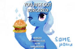 Size: 936x612 | Tagged: safe, alternate version, artist:some_ponu, trixie, pony, unicorn, g4, burger, female, food, hoof hold, looking at you, mare, one eye closed, simple background, smiling, solo, sparkles, text, white background, wink, winking at you