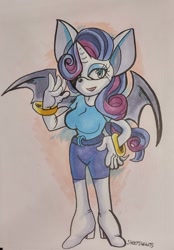 Size: 708x1020 | Tagged: safe, artist:sheepshekets, rarity, bat pony, mobian, anthro, g4, bat ponified, belt, boots, breasts, busty rarity, clothes, denim, female, hair over one eye, hand on hip, high heel boots, jeans, pants, race swap, raribat, rouge the bat, shirt, shoes, solo, sonic the hedgehog (series), sonicified, spread wings, traditional art, wings