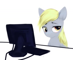 Size: 1605x1315 | Tagged: safe, artist:some_ponu, derpy hooves, pegasus, pony, g4, computer, female, keyboard, looking at you, mare, monitor, sad, simple background, solo, teary eyes, white background