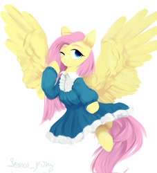 Size: 1859x2048 | Tagged: safe, artist:some_ponu, fluttershy, pegasus, pony, g4, clothes, cute, dress, female, grin, looking at you, mare, one eye closed, shyabetes, simple background, smiling, solo, spread wings, white background, wings, wink