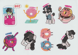 Size: 4932x3507 | Tagged: artist needed, safe, oc, oc only, oc:pon-pushka, earth pony, pony, bootleg, clothes, cup, cyrillic, donut, food, police uniform, pon-pushka, scanned, solo, sticker set