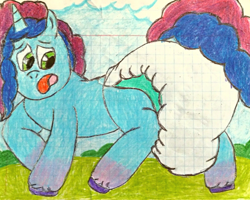 Size: 2636x2106 | Tagged: safe, artist:bitter sweetness, misty brightdawn, pony, unicorn, g5, abdl, adult foal, diaper, diaper fetish, diapered, female, fetish, graph paper, grass, green eyes, high res, horn, non-baby in diaper, open mouth, poofy diaper, rebirth misty, traditional art