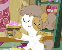 Size: 846x681 | Tagged: safe, artist:fuckomcfuck, edit, edited screencap, screencap, oc, oc only, oc:scribbles, pegasus, pony, g4, hearts and hooves day (episode), bucket, character swap, coat markings, female, filly, foal, glitter, ladder, offspring, parent:oc:doodles, parent:oc:rat, parents:oc x oc, pinto, sitting, solo, spread wings, wings
