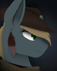 Size: 1080x1350 | Tagged: safe, artist:tiviyl, oc, bat pony, pony, clothes, cowboy hat, feather, hat, piercing, rain, side view, simple background, solo