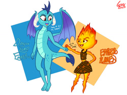 Size: 1032x774 | Tagged: safe, artist:gregory-the-griffon, princess ember, dragon, elemental, g4, crossover, dialogue, disney, dragoness, elemental (pixar), ember lumen, female, fire, fist bump, looking at each other, looking at someone, namesake, open mouth, open smile, pixar, pun, smiling, visual pun