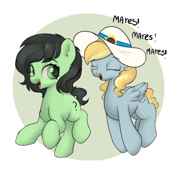 Size: 3000x3000 | Tagged: safe, artist:dumbwoofer, oc, oc:fair flyer, oc:filly anon, pegasus, pony, mare fair, chest fluff, ear fluff, excited, eyes closed, female, filly, happy, hat, high res, mare, open mouth, open smile, pegasus oc, simple background, smiling, talking, text, transparent background