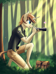 Size: 2250x3000 | Tagged: safe, artist:dash wang, oc, oc only, oc:cream brun, butterfly, unicorn, anthro, backpack, camera, clothes, crepuscular rays, forest, high res, solo, tree