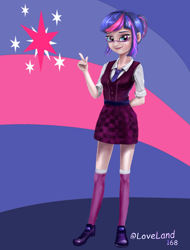 Size: 828x1089 | Tagged: safe, artist:loveland168, sci-twi, twilight sparkle, equestria girls, g4, abstract background, clothes, glasses, long socks, miniskirt, shoes, skirt, socks, solo