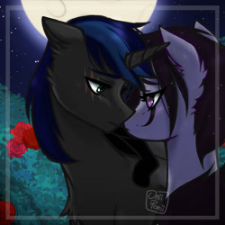 Size: 1280x1280 | Tagged: safe, artist:oniiponii, oc, oc only, earth pony, pony, bust, chest fluff, commission, duo, earth pony oc, eye scar, eyelashes, facial scar, female, flower, full moon, male, mare, moon, night, outdoors, rose, scar, stallion, stars, ych result