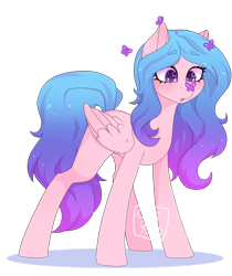 Size: 1280x1523 | Tagged: safe, artist:oniiponii, oc, oc only, butterfly, pegasus, pony, :o, butterfly on nose, eyebrows, eyebrows visible through hair, eyelashes, female, folded wings, full body, gradient mane, gradient tail, heart, heart eyes, insect on ear, insect on nose, insect on someone, looking at something, mare, open mouth, pegasus oc, pink coat, simple background, solo, standing, tail, transparent background, wingding eyes, wings