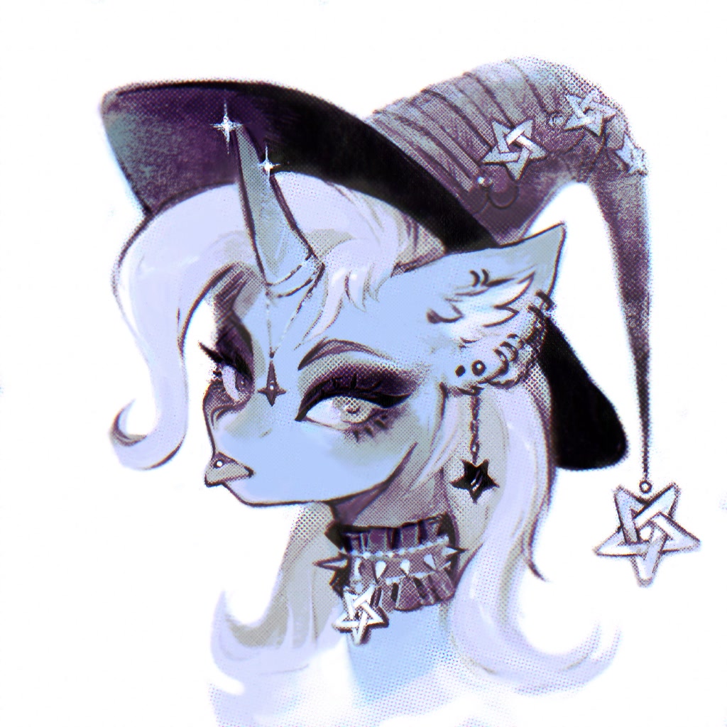 [choker,clothes,eyeshadow,goth,hat,horn,jewelry,looking at you,makeup,piercing,pony,raspberry,safe,solo,sparkles,trixie,unicorn,witch hat,tongue out,ear fluff,tongue piercing,trixie's hat,horn jewelry,artist:dearmary,spiked choker]