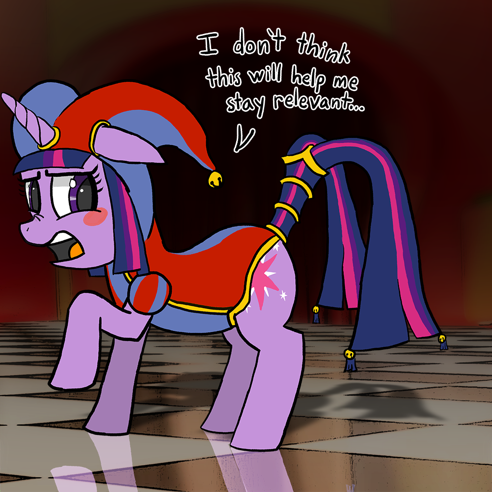 3222769 - safe, artist:pastthesouthpole, twilight sparkle, pony, unicorn,  g4, crossover, female, floppy ears, hat, jester, jester hat, jester outfit,  mare, pomni, reflection, solo, the amazing digital circus, unicorn twilight  - Derpibooru