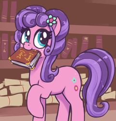 Size: 1970x2040 | Tagged: source needed, safe, artist:t72b, petunia petals, earth pony, pony, g4, my little pony: rainbow roadtrip, book, bookshelf, cute, female, flower, flower in hair, high res, mare, mouth hold, petalbetes, raised hoof, scroll, solo