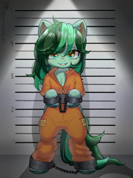 Size: 1337x1791 | Tagged: safe, artist:ponchik_art, oc, oc only, oc:eden shallowleaf, pony, bipedal, bound wings, chest fluff, clothes, cuffed, cuffs, jumpsuit, looking at you, never doubt rainbowdash69's involvement, prison outfit, shackles, solo, wings