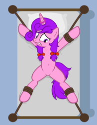Size: 4596x5898 | Tagged: safe, artist:equestria secret guard, oc, oc only, oc:candlelight warmth, pony, unicorn, armpits, bdsm, bed, belly button, bondage, eyebrows, featureless crotch, female, frown, helpless, horn, horn ring, jewelry, lying down, magic suppression, on back, on bed, ring, rope, rope bondage, scared, sexy, solo, spread eagle, teeth, tied to bed, tied up, unicorn oc