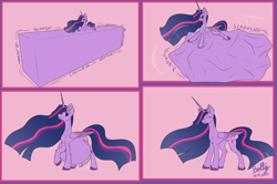 Size: 7662x5080 | Tagged: safe, artist:lightning bolty, twilight sparkle, alicorn, pony, g4, the last problem, 4 panel comic, ^^, abdominal bulge, absurd resolution, alicorn metabolism, belly, belly bed, big belly, colored, comic, commission, commissioner:princess, concave belly, date (time), digestion, digestion without weight gain, ear fluff, ethereal mane, ethereal tail, eyelashes, eyes closed, female, flat colors, folded wings, gradient mane, gradient tail, hoof fluff, hooves, horn, horn markings, huge belly, impossible fit, impossibly large belly, instant digestion, large wings, leg fluff, long horn, long mane, mare, motion lines, object stuffing, object vore, older, older twilight, older twilight sparkle (alicorn), post-digestion, princess twilight 2.0, quadrupedal, raised hoof, rapid digestion, shipping container, signature, slender, solo, standing, sternocleidomastoid, stomach noise, story included, stuffed, stuffed belly, tail, tall, thin, twilight sparkle (alicorn), twipred, unshorn fetlocks, vore, wall of tags, wings