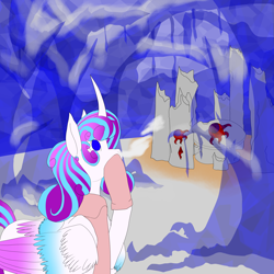 Size: 5800x5800 | Tagged: safe, artist:florarena-kitasatina/dragonborne fox, princess flurry heart, alicorn, pony, g4, absurd resolution, clothes, colored, colored wings, crescent sun, crystal, crystal trees, curved horn, female, flat colors, horn, mare, mittens, multicolored wings, older, older flurry heart, raised hoof, request, ruins, scarf, snow, table, wings