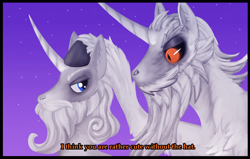 Size: 1230x780 | Tagged: safe, artist:acura, star swirl the bearded, oc, oc:acura, alicorn, pony, unicorn, g4, beard, black sclera, colored hooves, facial hair, horn, long horn, male, moustache, purple background, simple background, slit pupils, stallion, text