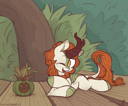 Size: 1856x1545 | Tagged: safe, artist:anotherdeadrat, autumn blaze, kirin, g4, sounds of silence, awwtumn blaze, cloven hooves, cute, female, horn, kirinbetes, looking at you, lying down, one eye closed, open mouth, open smile, outdoors, prone, signature, smiling, smiling at you, solo, wilson (cast away), wink, winking at you