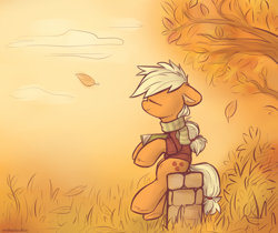 Size: 2928x2454 | Tagged: safe, artist:anotherdeadrat, applejack, earth pony, pony, g4, autumn, book, clothes, eyes closed, female, floppy ears, hatless, high res, leaves, mare, missing accessory, outdoors, scarf, sitting, smiling, solo, striped scarf, sweater, tree, tree branch