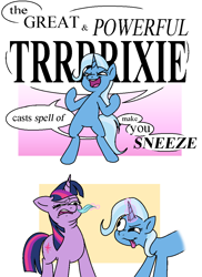 Size: 852x1173 | Tagged: safe, artist:notfocks, trixie, twilight sparkle, pony, unicorn, g4, bipedal, comic, feather, female, floppy ears, glowing, glowing horn, great and powerful, horn, inconvenient trixie, magic, mare, pre sneeze, simple background, text, tongue out, unicorn twilight, white background