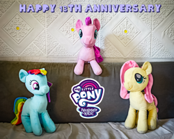 Size: 3262x2608 | Tagged: safe, artist:count oxymagomedov sear, fluttershy, pinkie pie, rainbow dash, earth pony, pegasus, pony, mlp fim's thirteenth anniversary, g4, female, happy birthday mlp:fim, high res, irl, photo, photography, plushie, trio