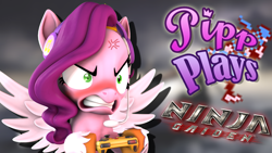 Size: 1920x1080 | Tagged: safe, artist:pika-robo, pipp petals, pegasus, pony, series:pipp plays, g4, g5, 3d, angry, blushing, controller, fake thumbnail, female, g5 to g4, gamer pipp, gaming headset, generation leap, gritted teeth, headset, let's play, mare, ninja gaiden, pipp petals is best facemaker, pipp petals is not amused, rage, shrunken pupils, source filmmaker, spread wings, teeth, unamused, wings, youtube thumbnail