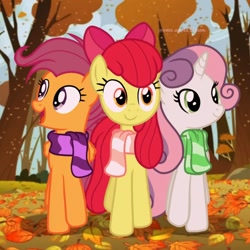 Size: 1080x1080 | Tagged: safe, artist:cmc.apple.bloom, apple bloom, scootaloo, sweetie belle, earth pony, pegasus, pony, unicorn, g4, autumn, clothes, cutie mark crusaders, female, leaves, older, older apple bloom, older scootaloo, older sweetie belle, scarf, striped scarf, trio, trio female