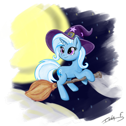 Size: 3000x3000 | Tagged: safe, artist:memprices, derpibooru exclusive, trixie, pony, unicorn, g4, broom, clothes, cloud, costume, cute, diatrixes, flying, flying broomstick, halloween, halloween costume, hat, high res, holiday, moon, simple background, smiling, solo, starry night, transparent background, trixie's hat, witch costume, witch hat