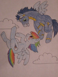 Size: 537x711 | Tagged: safe, artist:just-forget-her, rainbow dash, soarin', pegasus, pony, g4, female, male, mare, ship:soarindash, shipping, stallion, straight, traditional art