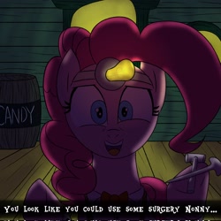 Size: 2048x2048 | Tagged: safe, artist:legendoflink, pinkie pie, earth pony, pony, g4, bust, female, high res, implied anon, lightbulb, mare, pinktober, solo, talking to viewer, text, this will not end well