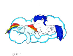 Size: 750x579 | Tagged: safe, artist:toddy47586, rainbow dash, soarin', pegasus, pony, g4, cloud, female, male, mare, on a cloud, ship:soarindash, shipping, simple background, stallion, straight, traditional art, white background