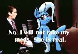 Size: 694x484 | Tagged: safe, artist:xppp1n, trixie, human, unicorn, g4, american psycho, crossed legs, female, looking at each other, looking at someone, mare, meme, patrick bateman, ponified meme, text