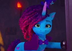 Size: 754x536 | Tagged: safe, edit, edited screencap, screencap, misty brightdawn, pony, unicorn, g5, my little pony: make your mark, my little pony: make your mark chapter 5, nightmare on mane street, spoiler:g5, spoiler:my little pony: make your mark, spoiler:my little pony: make your mark chapter 5, spoiler:mymc05e06, animated, cropped, door, female, gif, mare, rebirth misty, reversed, solo