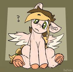 Size: 2056x2020 | Tagged: safe, artist:reddthebat, oc, oc only, earth pony, pegasus, pony, eyebrows, eyebrows visible through hair, female, frog (hoof), head tilt, high res, looking at you, mare, one ear down, question mark, sitting, solo, spread wings, underhoof, wings