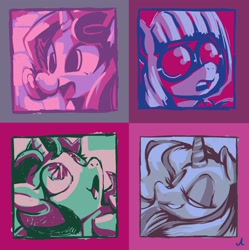 Size: 3900x3914 | Tagged: safe, artist:docwario, fizzy, photo finish, princess silver swirl, sweetie belle, earth pony, pony, unicorn, g1, g2, g4, female, glasses, high res, limited palette, mare, open mouth, ponytober, ponytober 2023, smiling