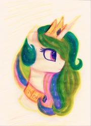 Size: 1555x2160 | Tagged: safe, artist:equmoria, princess celestia, alicorn, pony, g4, colored pencil drawing, crown, ethereal mane, jewelry, marker drawing, mixed media, pencil drawing, regalia, solo, sparkles, traditional art