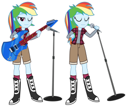 Size: 3000x2533 | Tagged: safe, artist:sketchmcreations, rainbow dash, equestria girls, g4, :3, boots, clothes, clothes swap, cosplay, costume, electric guitar, eyes closed, female, flannel shirt, friday night funkin', guitar, high res, jacket, microphone, musical instrument, one eye closed, reference, shirt, shoes, shorts, simple background, smiling, smug, socks, sunday (friday night funkin'), transparent background, vector, vest