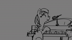 Size: 1280x720 | Tagged: safe, artist:fiedlemon, coloratura, earth pony, pony, g4, all i want for christmas is you, animated, christmas, close-up, dexterous hooves, extreme close-up, eyes closed, female, gray background, grayscale, hat, holiday, it begins, looking at you, mare, monochrome, musical instrument, partial color, piano, rara, santa hat, silly, simple background, singing, smiling, smiling at you, snow, snowfall, solo, sound, webm