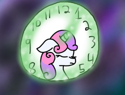 Size: 602x457 | Tagged: safe, artist:wafflezofequestria, sweetie belle, pony, unicorn, fanfic:a little loopy, g4, clock, fanfic art, magic, solo