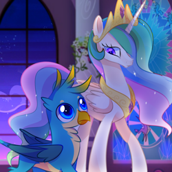 Size: 2500x2500 | Tagged: artist needed, safe, derpibooru exclusive, gallus, princess celestia, alicorn, griffon, pony, g4, crown, duo, duo male and female, evening, female, folded wings, height difference, high res, horn, jewelry, looking at each other, looking at someone, male, mare, peytral, regalia, stained glass, starry night, wings