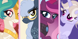 Size: 1148x576 | Tagged: safe, artist:monochrome-sunsets, oc, oc:awen, oc:cassandra, oc:ellis, oc:gloria, hybrid, g4, magical lesbian spawn, offspring, parent:princess cadance, parent:princess celestia, parent:rain shine, parent:tempest shadow, slender, thin