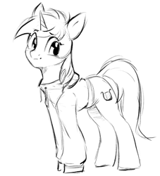 Size: 907x999 | Tagged: safe, artist:melodylibris, lyra heartstrings, pony, unicorn, fanfic:background pony, g4, black and white, clothes, dig the swell hoodie, female, grayscale, hoodie, horn, mare, monochrome, simple background, sketch, solo, white background