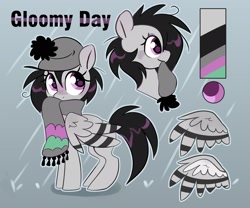 Size: 2048x1707 | Tagged: safe, artist:anotherdeadrat, oc, oc only, oc:gloomy day, pegasus, pony, adoptable, beanie, clothes, cute, female, hat, mare, pegasus oc, reference sheet, scarf, solo, striped wings, wing fluff, wings