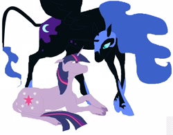 Size: 2048x1601 | Tagged: safe, alternate version, artist:artist:r3p3rkusj4, nightmare moon, twilight sparkle, alicorn, pony, unicorn, g4, duo, female, helmet, leonine tail, mare, tail, unicorn twilight