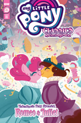 Size: 2063x3131 | Tagged: safe, artist:justasuta, idw, official comic, cheese sandwich, pinkie pie, earth pony, pony, g4, official, comic cover, cover, cover art, female, high res, male, mare, my little pony classics reimagined: romeo and juliet, my little pony logo, romeo and juliet, ship:cheesepie, shipping, stallion, straight