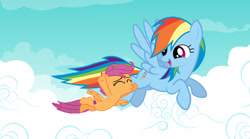 Size: 1198x667 | Tagged: safe, artist:darkmoonanimation, rainbow dash, scootaloo, pegasus, pony, g4, cloud, duo, duo female, female, filly, flying, foal, mare, scootaloo can fly, scootalove, siblings, sisters, sky